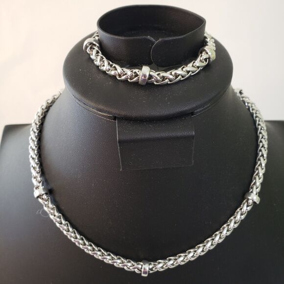 Vtg Ralph Lauren Silver Tone Wheat Chain Necklace & Bracelet  Signed 18" Chunky - Picture 2 of 7